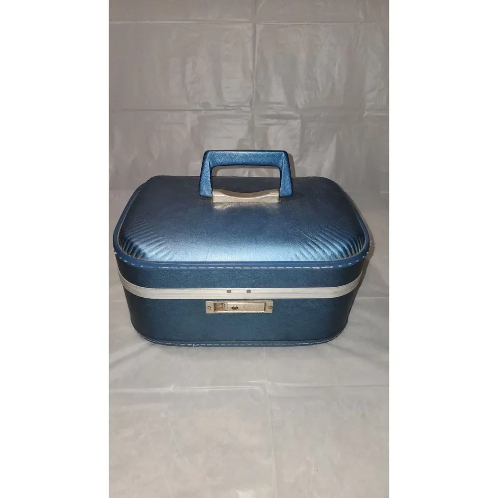 Vintage Blue 2 Piece Nesting Luggage Set with Train Case Mid Century
